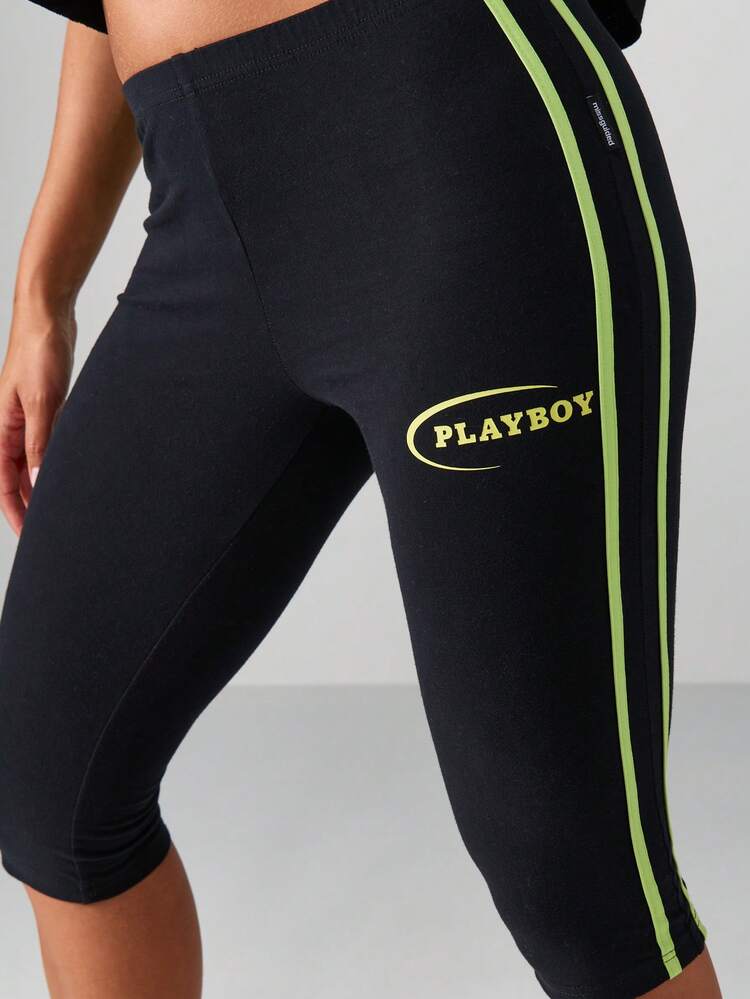 Missguided x Playboy Mid Length Cycle Style Capri Leggings With Neon Stripes Bunny Print For Evening Wear Party Club Festival