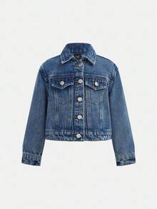 SHEIN Young Girl' Y2k Blue Denim Thermal Lined Loose Short Jacket, Autumn/Winter,Winter Outfits,Fleece Warm Coat, Street Style, Autumn Style, Autumn And Winter Coat, Party Style Fall