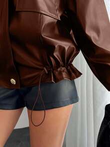 SHEIN Tall PU皮革時尚隱藏式門襟細節女款夾克，適合高個女性 - 黑色 - 查看 7