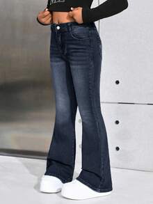 SHEIN 少女Y2K时尚休闲喇叭裤，星形图案，镶钻装饰，适合秋季返校季穿着。 - 深色水洗藍 - 查看 7