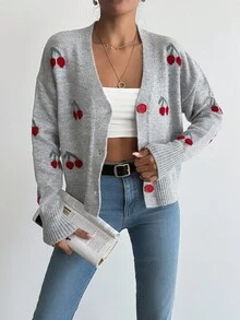 EURMUSE Cherry Pattern Cardigan, Casual Style, Spring/Fall Season - Light Grey - View 3
