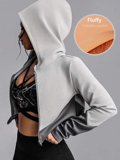 Innovista Women's Color Block Zip-Up Hooded Cropped Sports Jacket Fall New Style Women Cozy/Winter Layering, Utilitarian Chic ,Essentials Hoodie