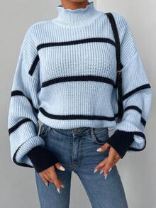 EURMUSE Women Stand Collar Striped Batwing Long Sleeve Loose Casual Sweater,Jumper,Cream Jumper,Jumpers,Black Jumper,Womens Jumper,White Jumper,Women's Jumper,Women's Jumpers,Winter Clothes - Baby Blue - View 4