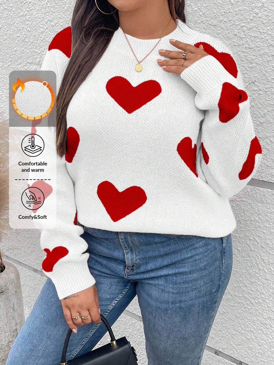 EURMUSE Plus Size Women Heart Pattern Crew Neck Long Sleeve Casual Pullover Sweater - Multicolor - View 1