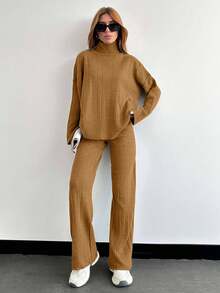 EURMUSE Solid Color Long-Sleeved Sweater And Knitted Trousers Two Pieces Set,Petite,Winter Clothes - Brown - View 5