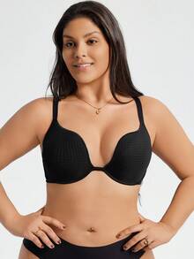 DesireSculpt Plus Size Black Lace Patchwork Cup Bra, Lift - Black - View 5