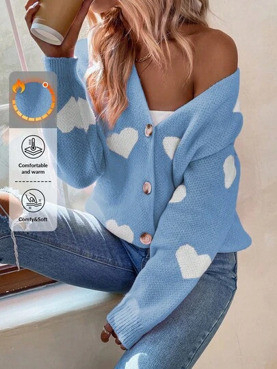 EURMUSE Women's Heart Pattern Long Sleeve Single-Breasted Casual Knit Cardigan