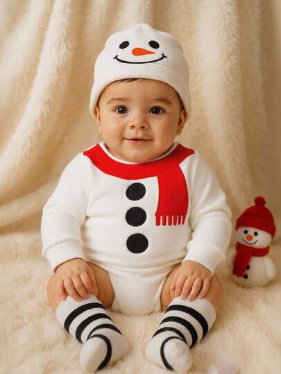 SHEIN Baby Boys' Spring/Autumn Pure White Long Sleeve Romper, Minimalist Embroidered Pattern, Paired With Matching Cute Hat, Fashionable & Versatile For Outdoor Stroll, Indoor Leisure, And Parent-Child Party Fall Winter,Christmas Clothes