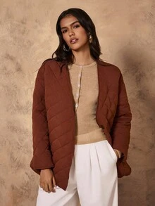 Chiquease Women's Autumn/Winter Cotton Jacket, V-Neck, Rhombus Pattern, Quilted Fabric, Waist Tie Decor, Side Patch Pockets, Casual Loose Fashion Design - Brown - View 7