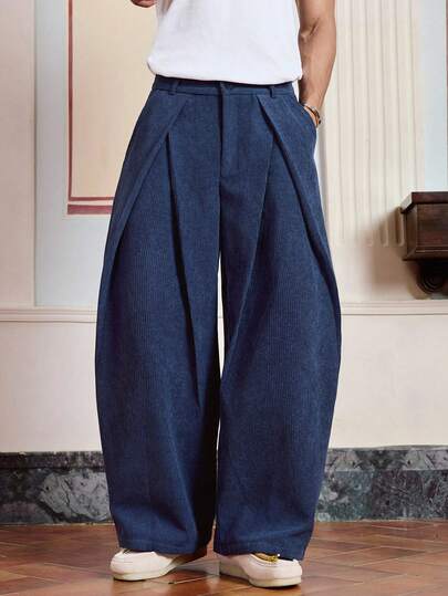 SWAVVY Pantalones largos casuales de pana de pierna ancha y bolsillo plisado de unicolor para hombres, otoño e invierno