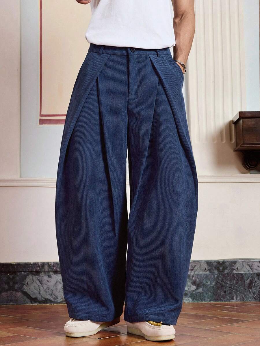 SWAVVY Men's Solid Color Pleated Pocket Wide Leg Loose Casual Corduroy Long Pants, Fall Winter