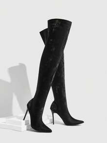 CUCCOO SZL Botas altas de tacón puntiagudo negro brillante para mujer, clásicas y versátiles para ir al trabajo, citas, fiestas y vacaciones