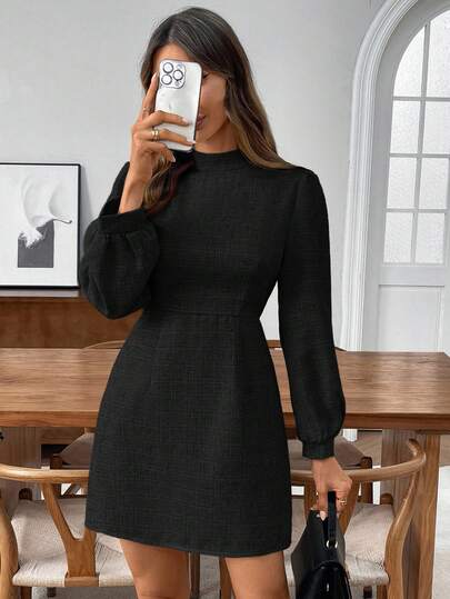 EMERY ROSE 女式纯色中式立领灯笼袖休闲迷你连衣裙