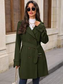 EMERY ROSE Women's Solid Color Lapel NeckLong Sleeve Double-Breasted Casual Commuter Trench Coat, Autumn - Army Green - View 6
