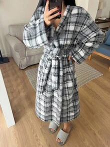 DAZY 女士格子法兰绒加厚宽松长袍，冬季蓬松款 - 灰色 - 查看 5