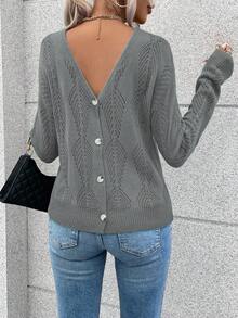 EMERY ROSE Women's Casual V-Neck Cutout Design Dropped Shoulder Long Sleeve Sweater, Autumn/Winter