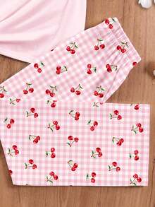 SHEIN Cute Mini Cherry Plaid, Young Girls Casual Minimalist Fitted Round Neck Short Sleeve T-Shirt & Loose Pants Homewear Set, Suitable For Summer - Multicolor - View 5