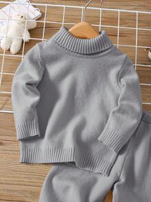 SHEIN 2 件套男婴/女婴百搭宽松柔软舒适高领毛衣和裤子套装，适合秋冬季 - 灰色 - 查看 3