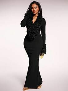 Radiana Women's Sexy & Elegant Burgundy Faux Fur Patchwork Fitted Mermaid Maxi Dress Black Dresses For Women Long Dresses Slay Diva Dress Long Black Elegant Dress Long Sleeve Elegant Dress Bodycon Maxi Dress Women Ribbed Faux Fur Trim Dress Black Church Dress Women,Dresses For Women Elegant - Black - View 5