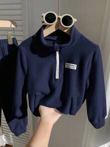 SHEIN 2pcs/Set Young Boys Casual Minimalist Outfit, Fleece Thickened, Suitable For Autumn/Winter - Navy Blue - View 7