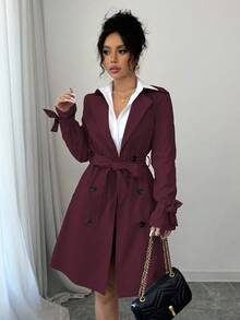 Chiquease 女式休闲缺口领双排扣风衣，秋季 - 紅色 - 查看 4