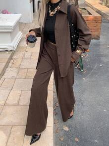 DAZY 女士纯色长袖单排扣衬衫和裤子休闲两件套，秋季女士家居服套装 - 棕色 - 查看 5