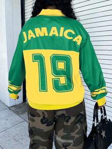 INAWLY Oversized Color Block Patchwork Numeric Print Double Layer Collar Drop Shoulder Long Sleeve Sweatshirt - Multicolor - View 2