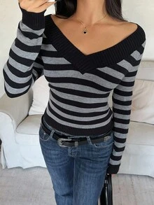 Aloruh Young Lady Off-Shoulder Colorblock Long Sleeve Fitted Cropped Sweater Autumn Winter Clothes For Women - Black - View 9