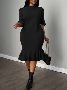 SHEIN PETITE CURVE 大码女式休闲优雅办公室职业通勤知性泡泡袖紧身中长/短袖连衣裙、毕业礼服、女士正装 - 黑色 - 查看 7