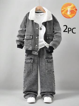 SHEIN Casuvi Kids TWEEN BOYS Jeansjacka med fleecekrage och manschetter i kombination med lösa raka jeans, moderiktigt denimset för pojkar