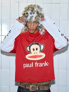 ROMWE MEN Paul Frank X ROMWE 男士休闲日常时尚街头猴子与字母图案透气舒适 T 恤，春秋季 - 紅色 - 查看 1
