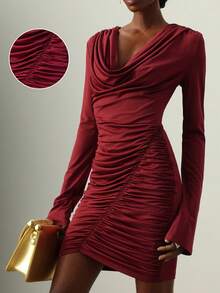 Vesra Rochie elegantă și sexy din tricot, cu mânecă lungă, retro, plisată, toamnă/iarnă, potrivită pentru mai multe ocazii - roșu - Vizualizare 1