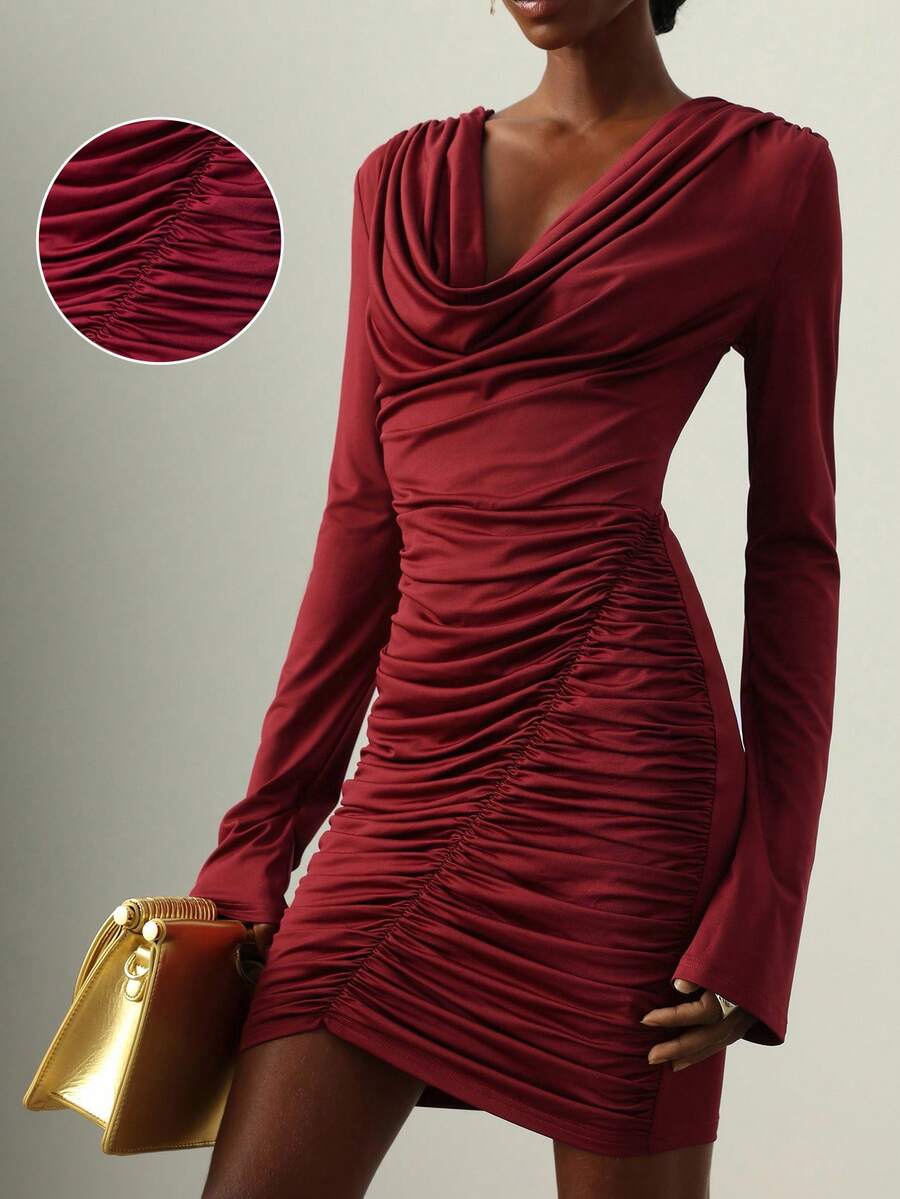 Vesra Rochie elegantă și sexy din tricot, cu mânecă lungă, retro, plisată, toamnă/iarnă, potrivită pentru mai multe ocazii - roșu - Vizualizare 1