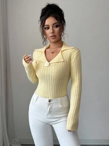 Elenzga Damen Herbst/Winter Neu V-Ausschnitt Polokragen Metall Knopf Modisch Figurbetont Eleganter Damenstil Regulärer Strick Langarm Pullover - Gelb - Übersicht 6