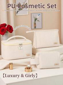 3 pièces Ensemble de sacs de maquillage en PU, organisateur de cosmétiques rayé mignon pour femmes en voyage, sac de toilette imperméable pour adolescentes, trousse de maquillage esthétique rose et beige