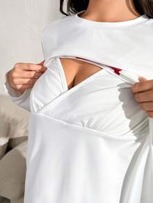 Moonlight&Mama 2pcs Nursing Maternity Sleepwear Set - Bow Print Long Sleeve Top And Plaid Pants, Casual Maternity Lounge Set Christmas Pajamas Women Maternity Pj Set For Women, Fall Winter Clothes - White - View 7