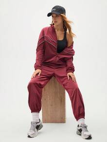 Eassivo Eassivo 女式撞色饰边拉链长袖上衣和抽绳长裤运动套装 - 棕色 - 查看 6