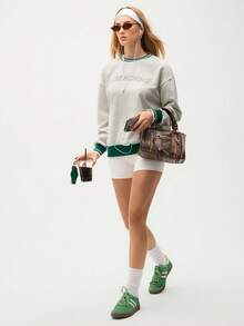 Eassivo Eassivo 女式休闲运动风格字母印花撞色条纹落肩宽松运动衫 - 淺灰色 - 查看 6