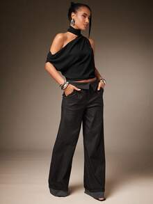 Hauture Sexy Mob Wife Party Casual One Shoulder Neck Scarf Ruched Blouse Top - Black - View 3