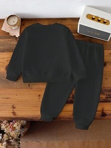 2 件套年轻男孩卡通熊图案印花圆领运动衫，休闲时尚，儿童秋冬装，长袖上衣，黑色圆领运动衫和裤子套装 - 黑色 - 查看 2