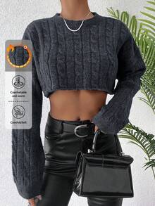 EURMUSE Cable Knit Drop Shoulder Crop Sweater - Dark Grey - View 1