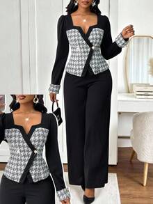 SHEIN Lady Cardigan feminino elegante com blocos de cores e calças largas, conjunto de 2 peças, tecido de outono para mulheres 2025 - Multicolorido - Ver 1