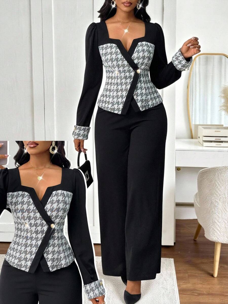 SHEIN Lady Cardigan feminino elegante com blocos de cores e calças largas, conjunto de 2 peças, tecido de outono para mulheres 2025 - Multicolorido - Ver 1