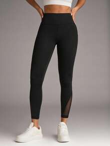 SHEIN BAE Workout Leggings Seamless Tummy Control Mesh Insert Compression Tights With Side Phone Pocket - Black - View 5