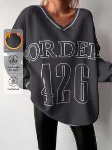 EURMUSE Långärmad tröja för kvinnor med mönster av bokstäver och siffror - Mörkgrå - Visa 1