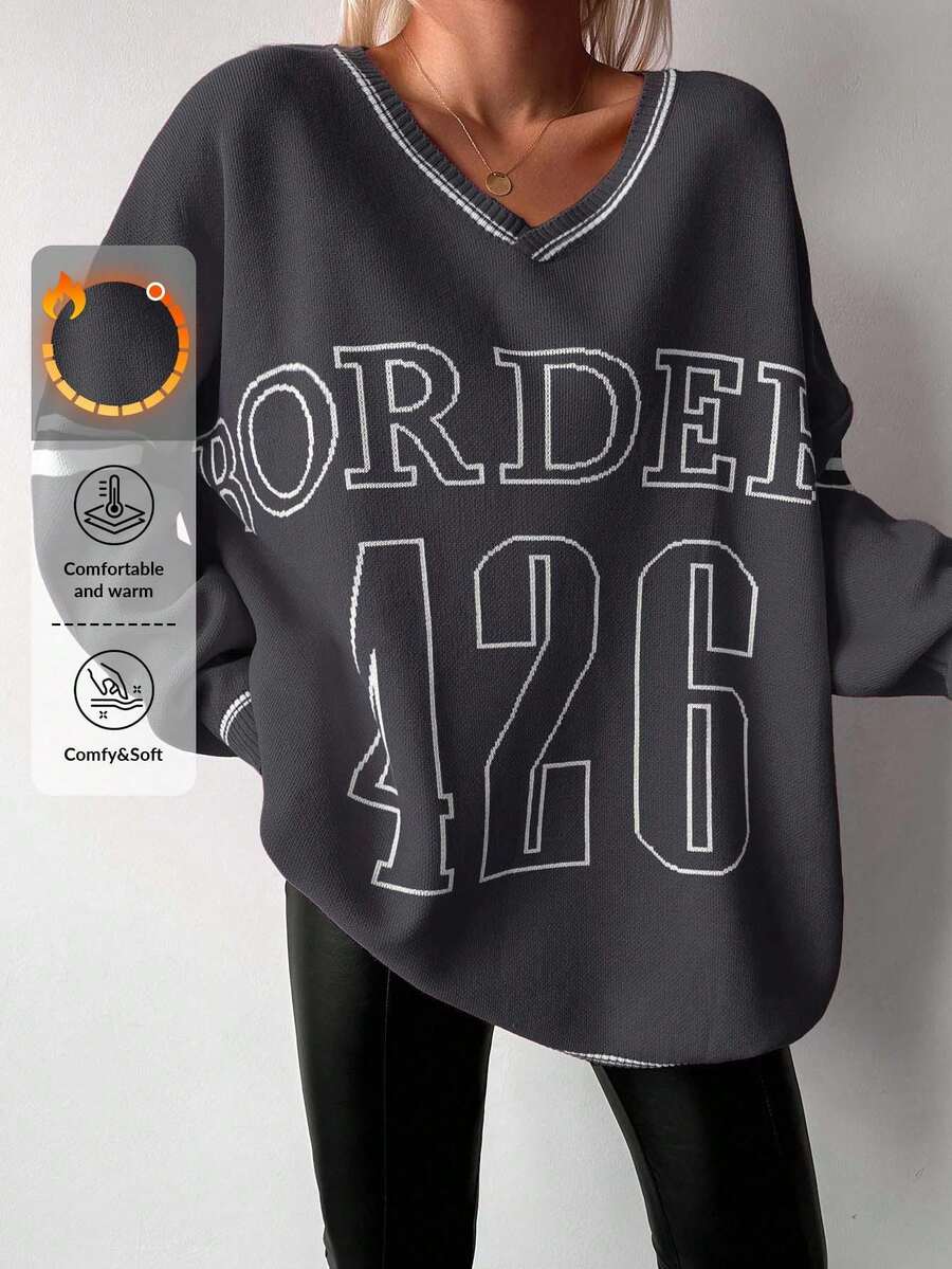 EURMUSE Långärmad tröja för kvinnor med mönster av bokstäver och siffror - Mörkgrå - Visa 1