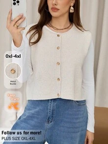 Auralis 大码女装秋冬时尚休闲宽松舒适日常简约百搭杏色毛衣背心开衫，秋季，返校，机场，休闲上衣，冬季，简约风格，基础款毛衣上衣 - 杏色 - 查看 1
