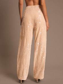 SHEIN Glamour Pantalones anchos de vestir con bolsillos con lentejuelas color albaricoque para mujer, pantalones elegantes y versátiles para la oficina, el trabajo y las citas, pantalones anchos para mujer, pantalones de traje para mujer - Albaricoque - Ver 2
