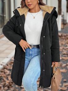 SHEIN Women Plus Size Mid-Length Hooded Coat With Fur Collar, Autumn/Winter - Black - View 4