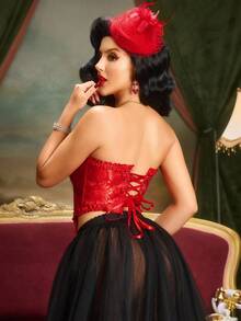 PinupPomp Vintage Floral Gathered Shaping Bustier With Boned Ruffle Collar And Back Tie - Red - View 6